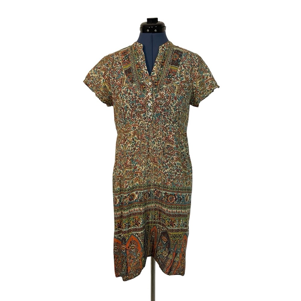 Lola Australia Paisley Moroccan Pintuck Button Peasant Prairie Shift Dress XS